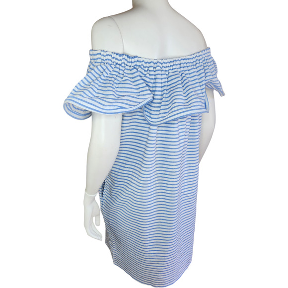 Revolve Line & Dot Dress Womens Large Lea‎ Blue White Stripe Off Shoulder Ruffle - Picture 7 of 15
